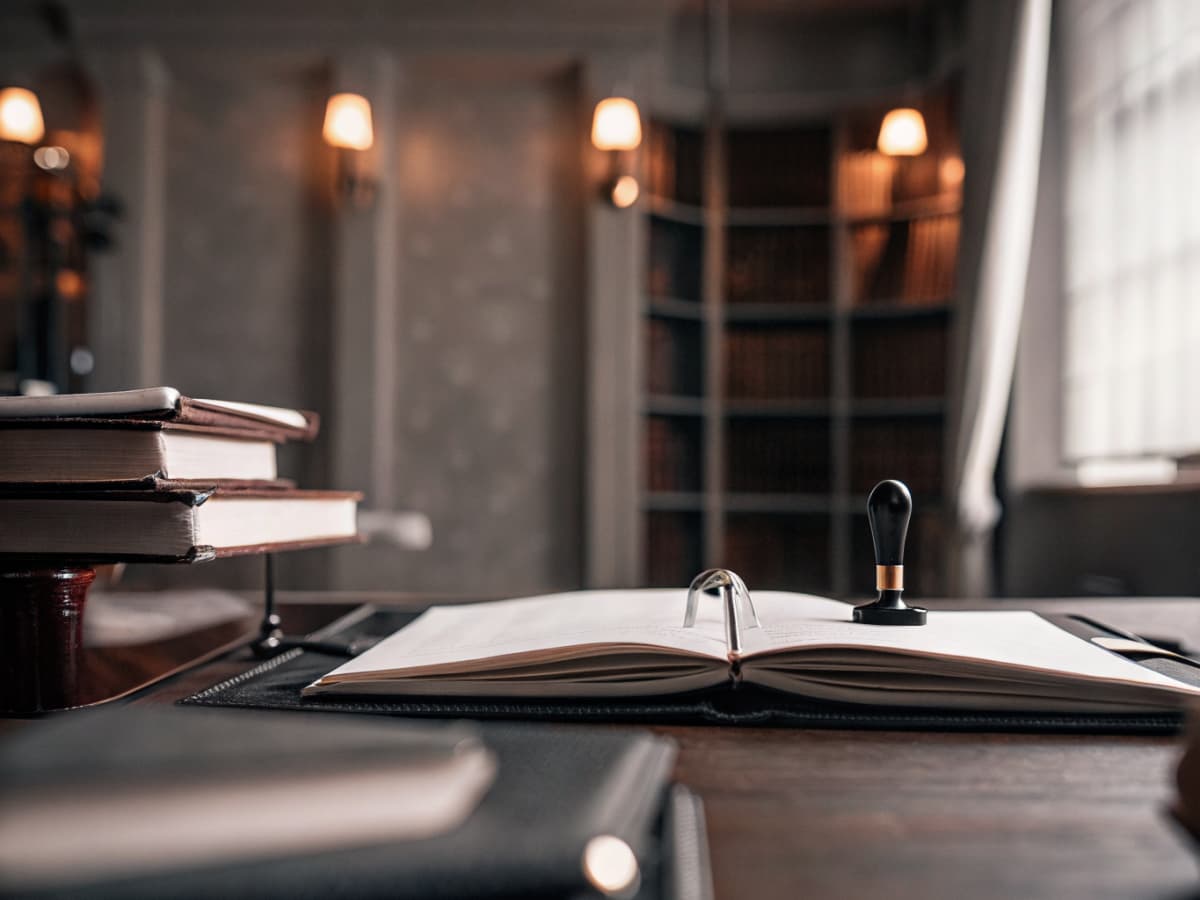 Professional notary office with legal books and notary seal