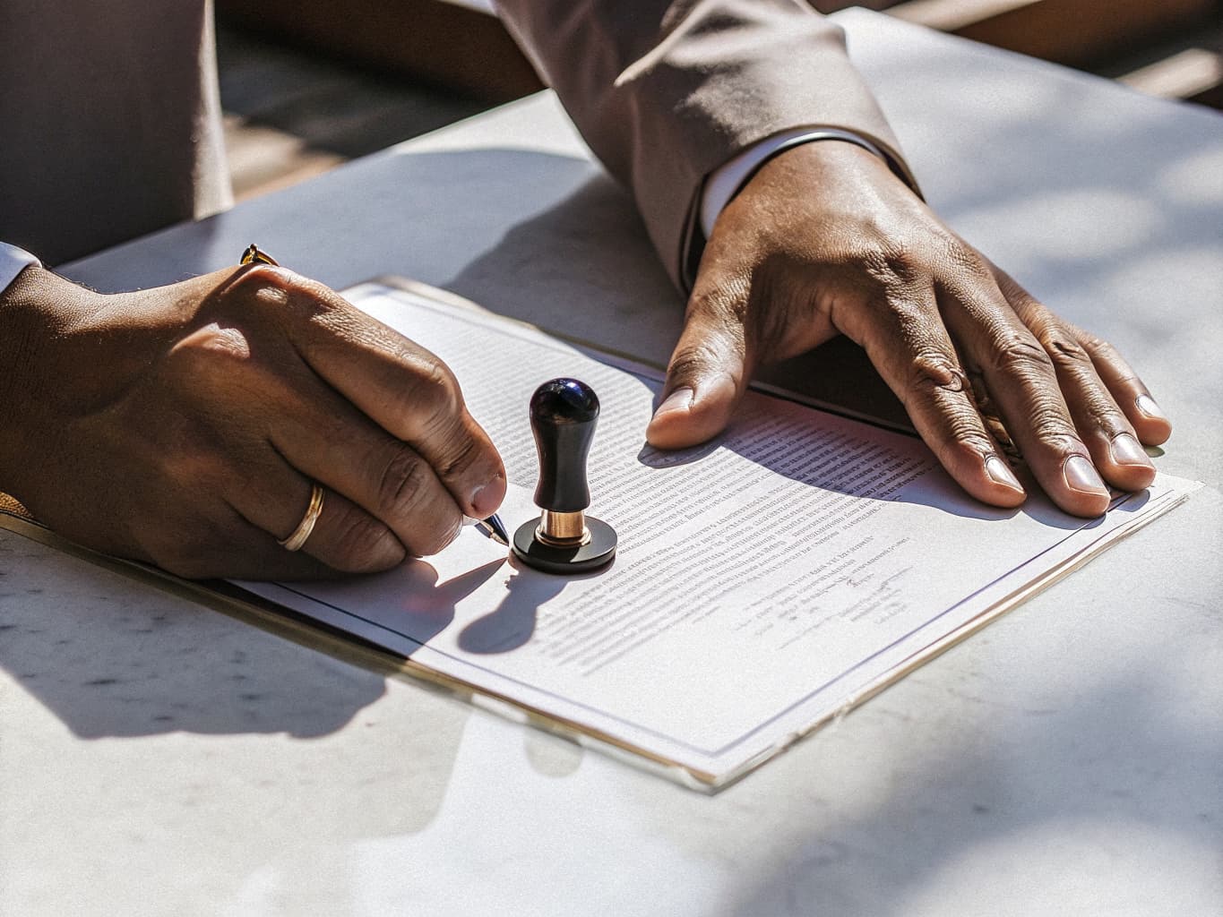 Notary stamp being applied to a legal document